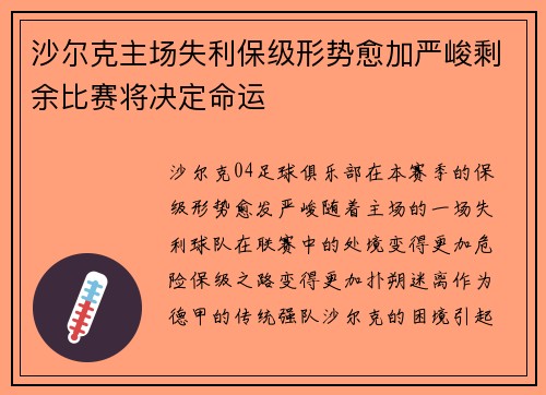 沙尔克主场失利保级形势愈加严峻剩余比赛将决定命运