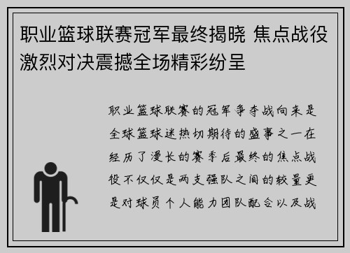 职业篮球联赛冠军最终揭晓 焦点战役激烈对决震撼全场精彩纷呈