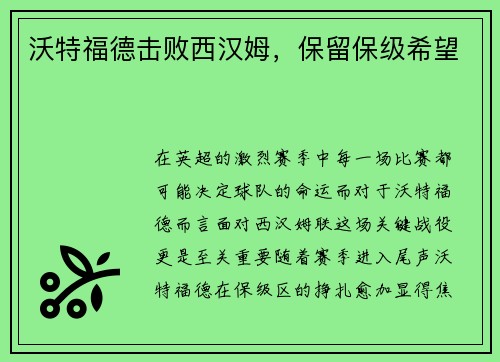 沃特福德击败西汉姆，保留保级希望